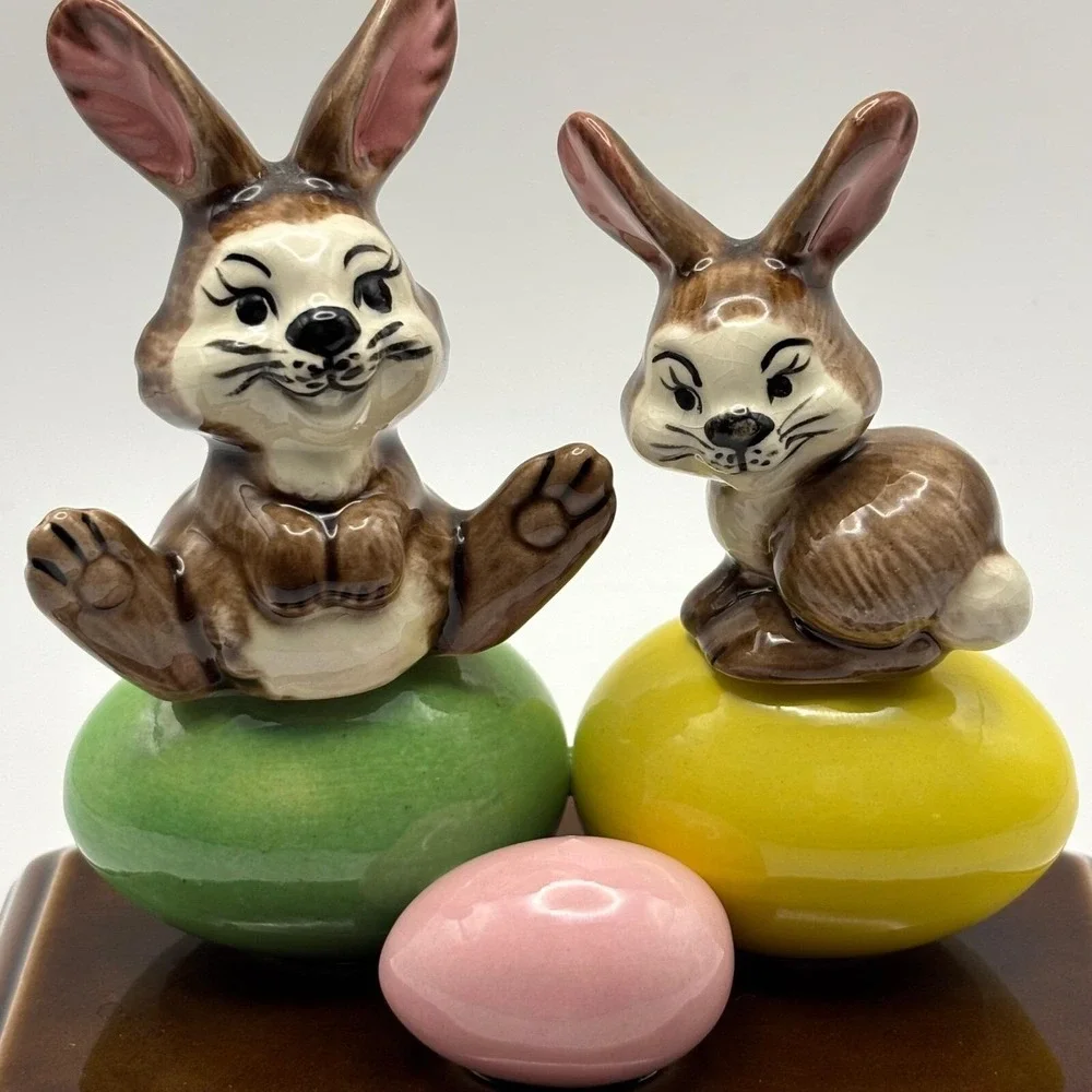 Ceramic Easter Bunnies on‎ Eggs Figurine Spring Holiday Decor Cute